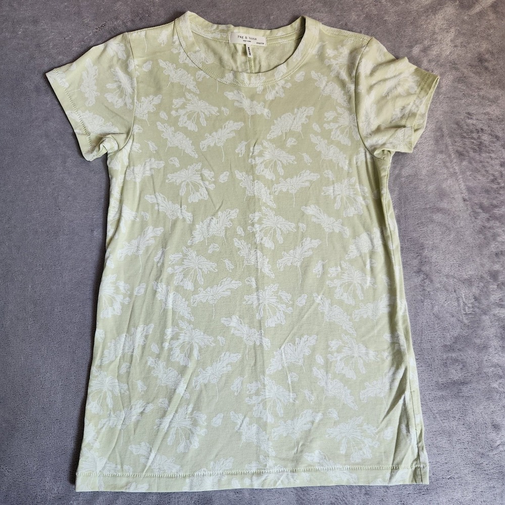 New rag & bone New York Floral Leaf Print Tee Sage Green Lyocell Cotton XXS Flaw